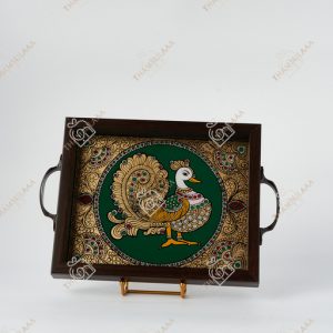 Reverse glass painting peacock tray